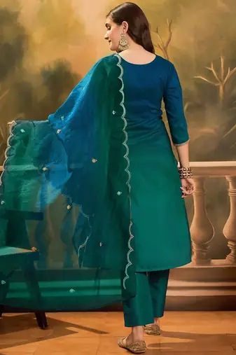 Sequence thread embroidered kurta & trousers with dupatta