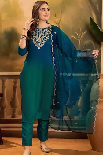 Ethnic motifs embroidered straight kurta with trouser & dupatta