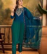 Ethnic motifs embroidered straight kurta with trouser & dupatta