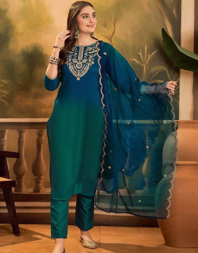 Ethnic motifs embroidered straight kurta with trouser & dupatta