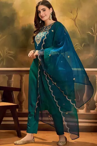 Ethnic motifs embroidered straight kurta with trouser & dupatta