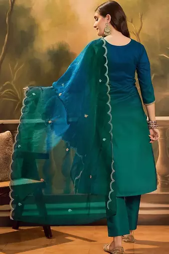 Ethnic motifs embroidered straight kurta with trouser & dupatta