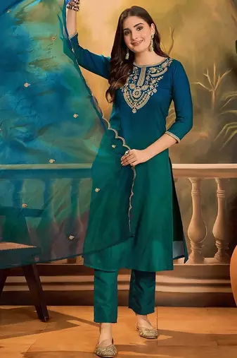 Ethnic motifs embroidered straight kurta with trouser & dupatta