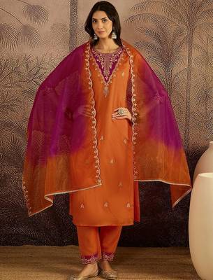 Embroidered round neck kurta trousers & dupatta 1