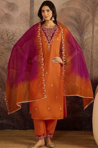 Embroidered round neck kurta trousers & dupatta