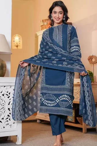 Cotton printed straight kurti-pant-dupatta set