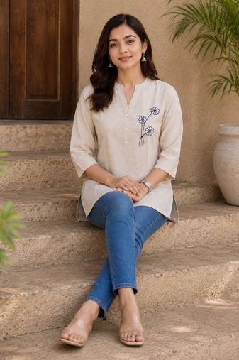 Cotton embroidered short kurti – beige floral design