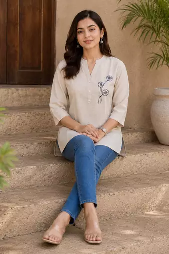Cotton embroidered short kurti – beige floral design