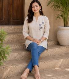 Cotton embroidered short kurti – beige floral design