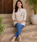 Cotton embroidered short kurti – beige floral design