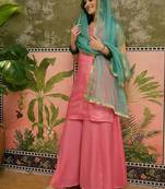 Sequinned embroidered square neck kurta & palazzos with dupatta