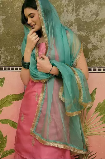 Sequinned embroidered square neck kurta & palazzos with dupatta