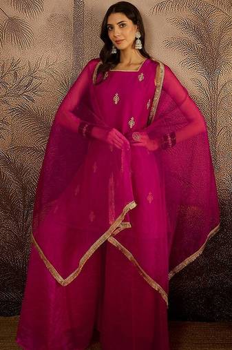 Embroidered sequence kurta & palazzos with dupatta set