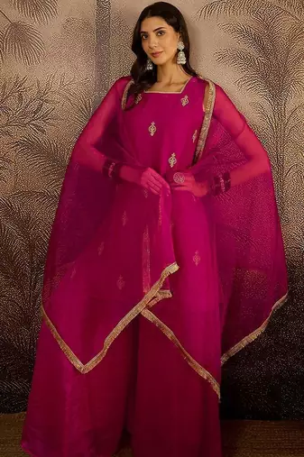 Embroidered sequence kurta & palazzos with dupatta set