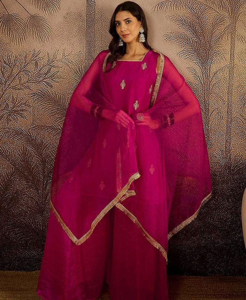 Embroidered sequence kurta & palazzos with dupatta set