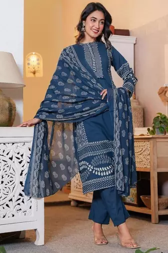 Cotton printed straight kurti-pant-dupatta set