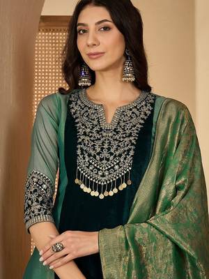 Embroidered round neck straight kurta & trousers with dupatta 2