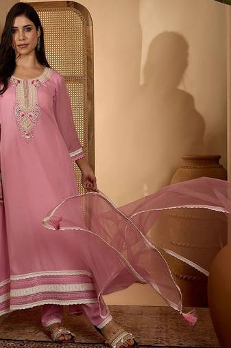 Embroidered  round neck kurta & trousers kurta sets