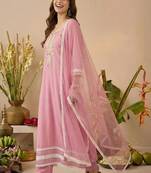 Embroidered round neck kurta & trousers with dupatta