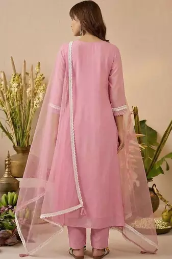 Embroidered round neck kurta & trousers with dupatta