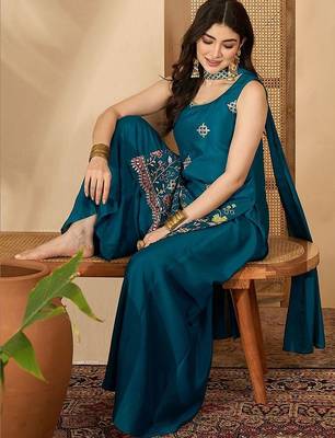 Embroidered round neck straight kurta & palazzos with dupatta 1