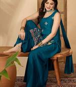 Embroidered round neck straight kurta & palazzos with dupatta