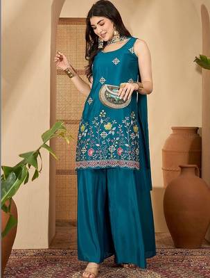 Embroidered round neck straight kurta & palazzos with dupatta 3