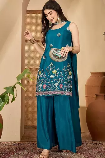 Embroidered round neck straight kurta & palazzos with dupatta