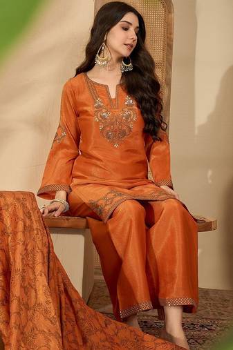 Zari sequence embroidered kurta with palazzo & dupatta