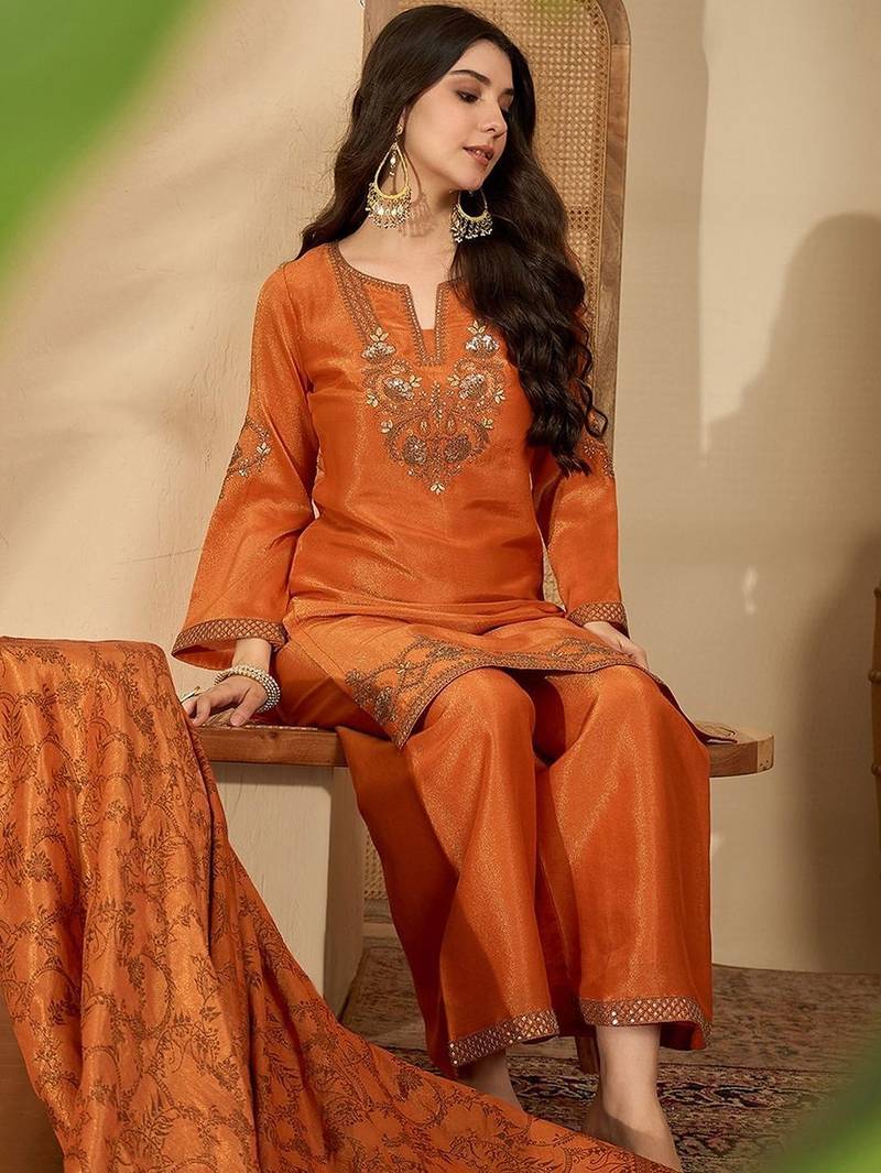 Zari sequence embroidered kurta with palazzo & dupatta