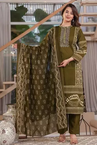 Cotton printed straight kurti-pant-dupatta set