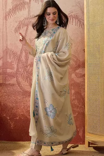 Embroidered round neck straight kurta & trousers with dupatta