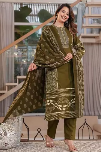 Cotton printed straight kurti-pant-dupatta set