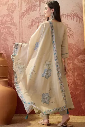 Embroidered round neck straight kurta & trousers with dupatta