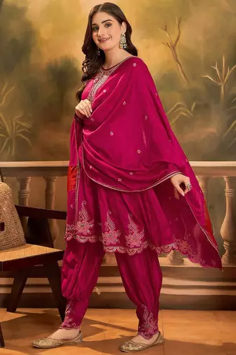 Zari & sequin embroidered a-line kurta & salwar with dupatta