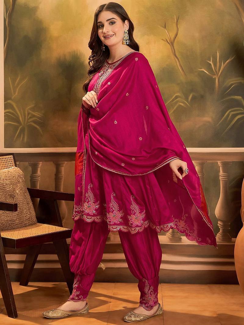 Zari & sequin embroidered a-line kurta & salwar with dupatta