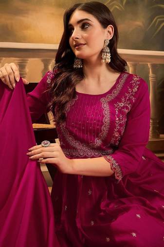 Zari & sequin embroidered a-line kurta & trousers with dupatta