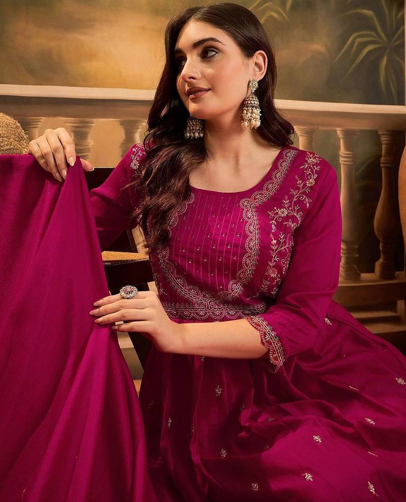 Zari & sequin embroidered a-line kurta & trousers with dupatta