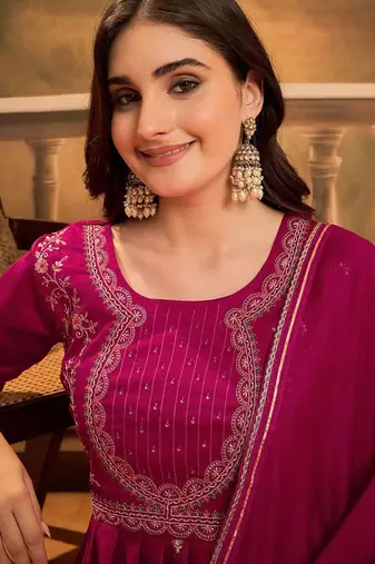 Zari & sequin embroidered a-line kurta & trousers with dupatta