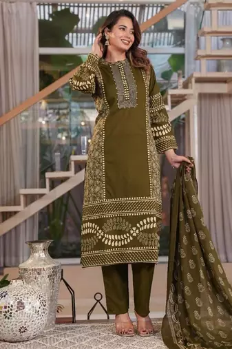 Cotton printed straight kurti-pant-dupatta set