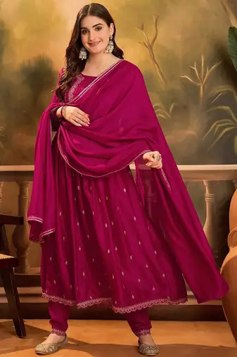 Zari & sequin embroidered a-line kurta & trousers with dupatta