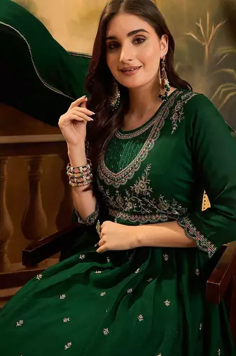 Zari & sequin embroidered a-line kurta & trousers with dupatta