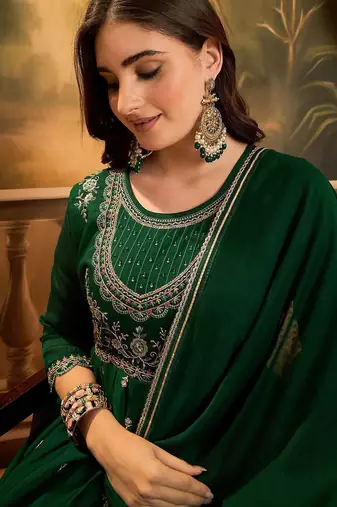 Zari & sequin embroidered a-line kurta & trousers with dupatta