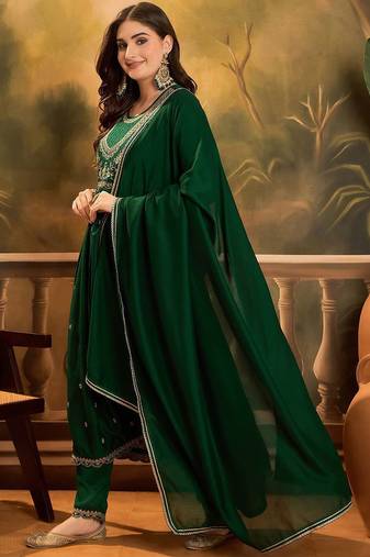 Zari & sequin embroidered a-line kurta & trousers with dupatta