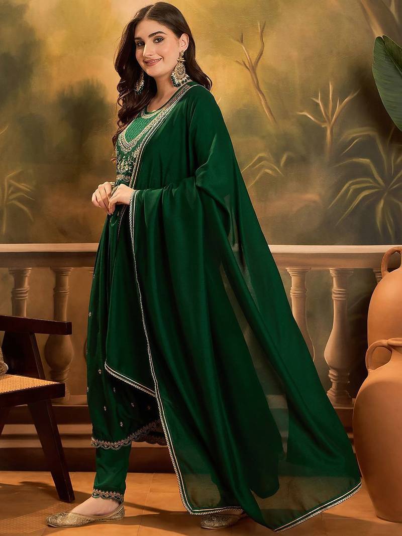 Zari & sequin embroidered a-line kurta & trousers with dupatta