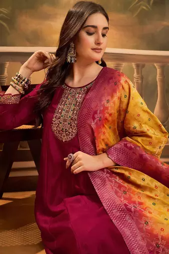 Zari & sequin embroidered a-line kurta & trousers with dupatta