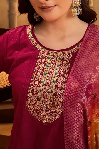 Zari & sequin embroidered a-line kurta & trousers with dupatta