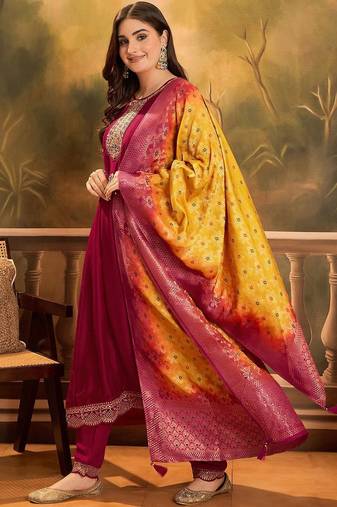 Zari & sequin embroidered a-line kurta & trousers with dupatta