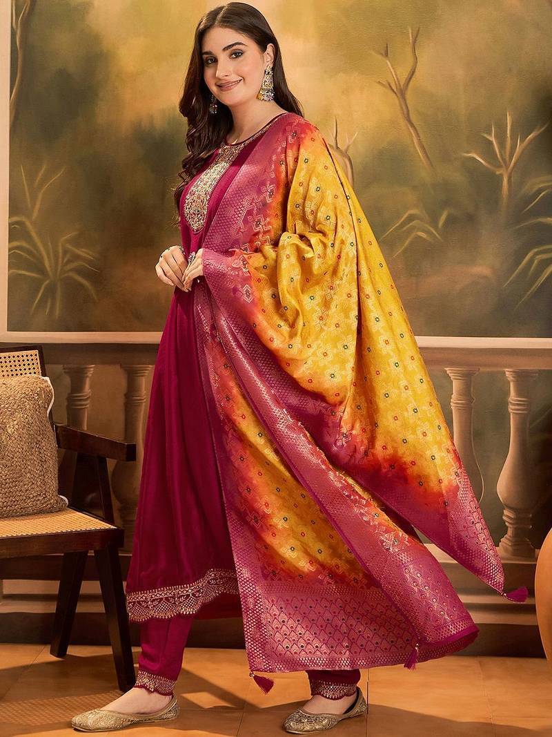 Zari & sequin embroidered a-line kurta & trousers with dupatta