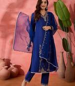Blue floral embroidered v-neck sequinned straight kurta with trousers and dupatta